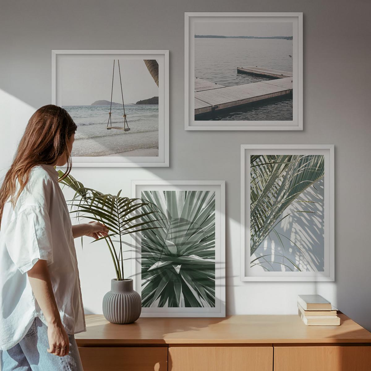 BILDER SET 4er Set - 50x50 cm & 40x60 cm Weißer Rahmen - Hängebrücke aus Palmenblättern - Weiß, Kunststoff (50/50cm) - TULUP