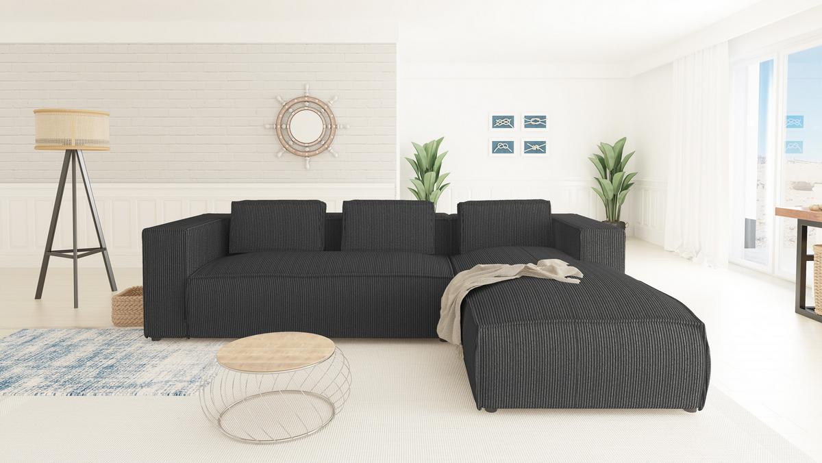 ECKSOFA Nova Grau Cord, Ottomane rechts - Schwarz/Grau, Holz/Kunststoff (262/176cm) - S-Style Möbel