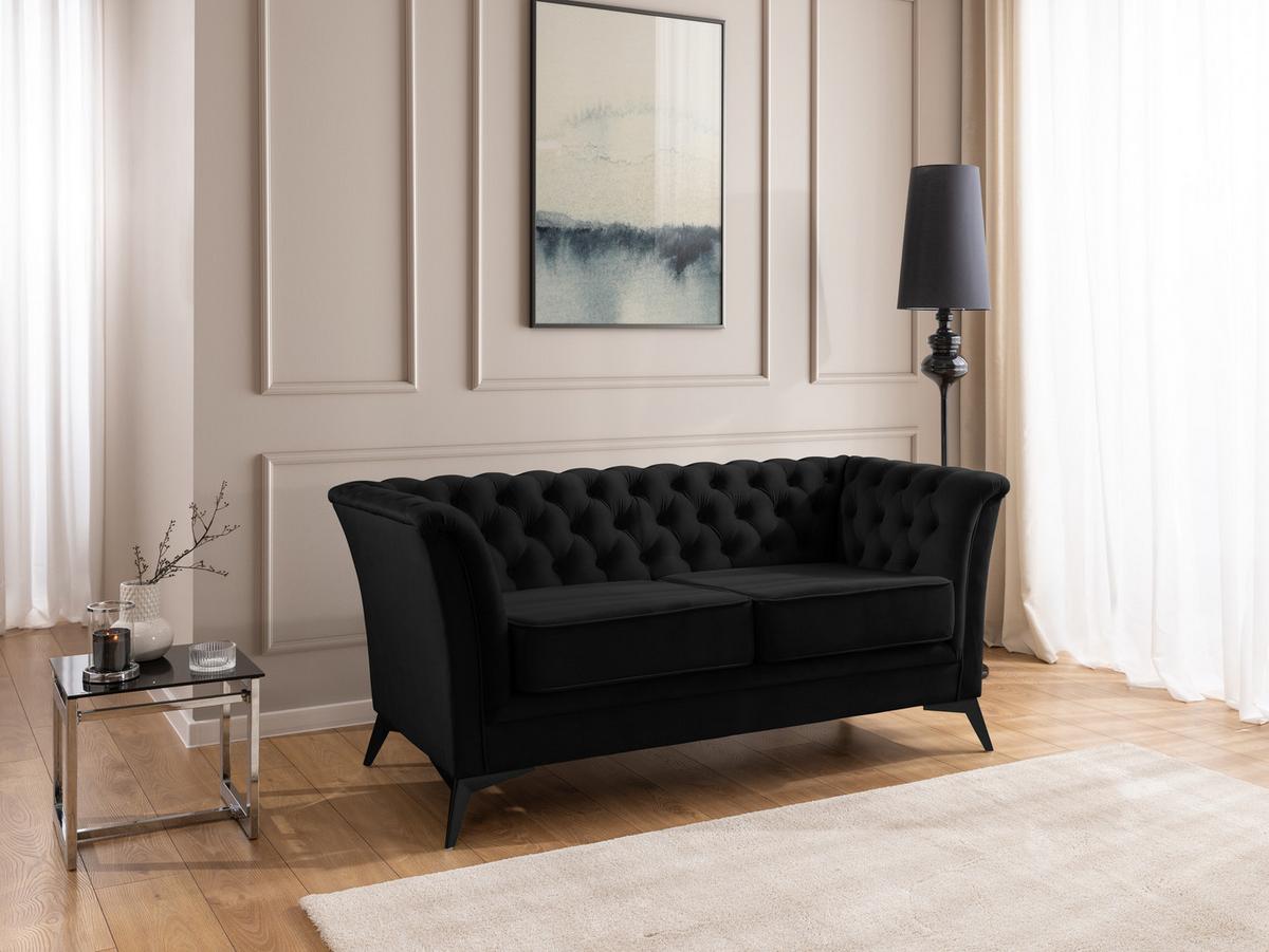 CHESTERFIELD-SOFA 2-sitzer Whitby Schwarz Samt mit schwarzen Füßen - Schwarz, Holz/Textil (175/78/82cm) - S-Style Möbel