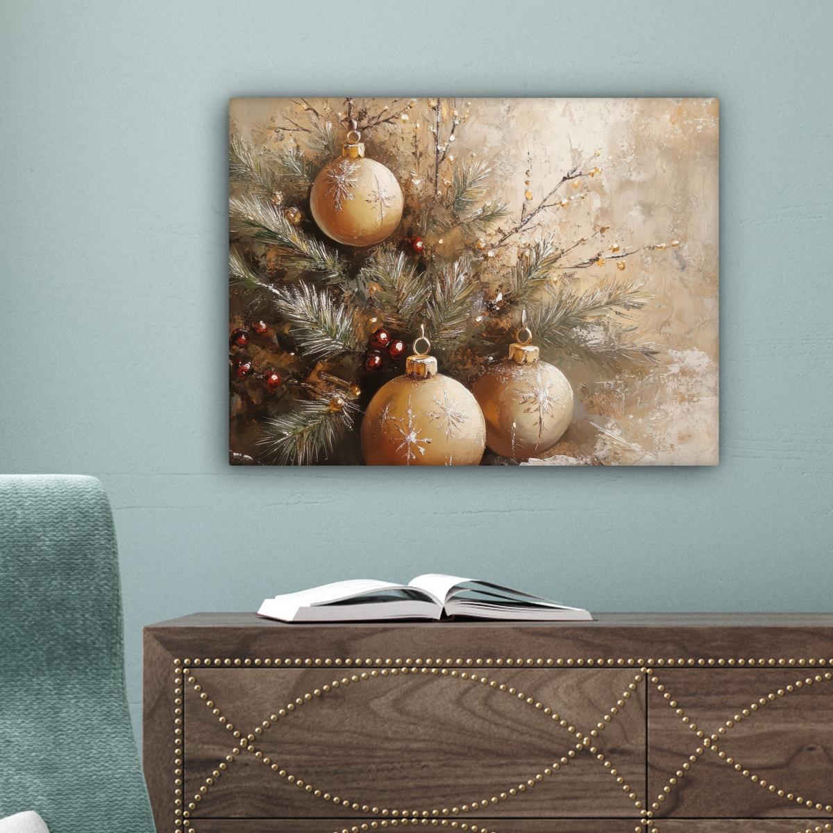 LEINWANDBILD Weihnachten - Kugeln - Beige - Gold Wandbild 40x30 cm - Goldfarben, Textil (40/30cm) - MuchoWow