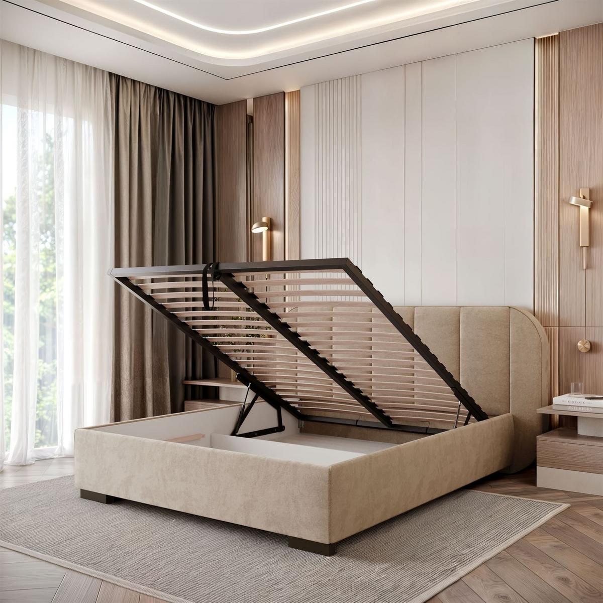 BETT AMARA 140x200 gepolstert mit Stauraum und Lattenrost, Royal Velvet 170 - Beige, Textil (140/200cm) - Lookway
