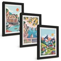 BILDER SET 3er Set - 20x30 cm Schwarzer Rahmen - Farbenfrohe Berge und Städte - Schwarz, Kunststoff (20/30cm) - TULUP