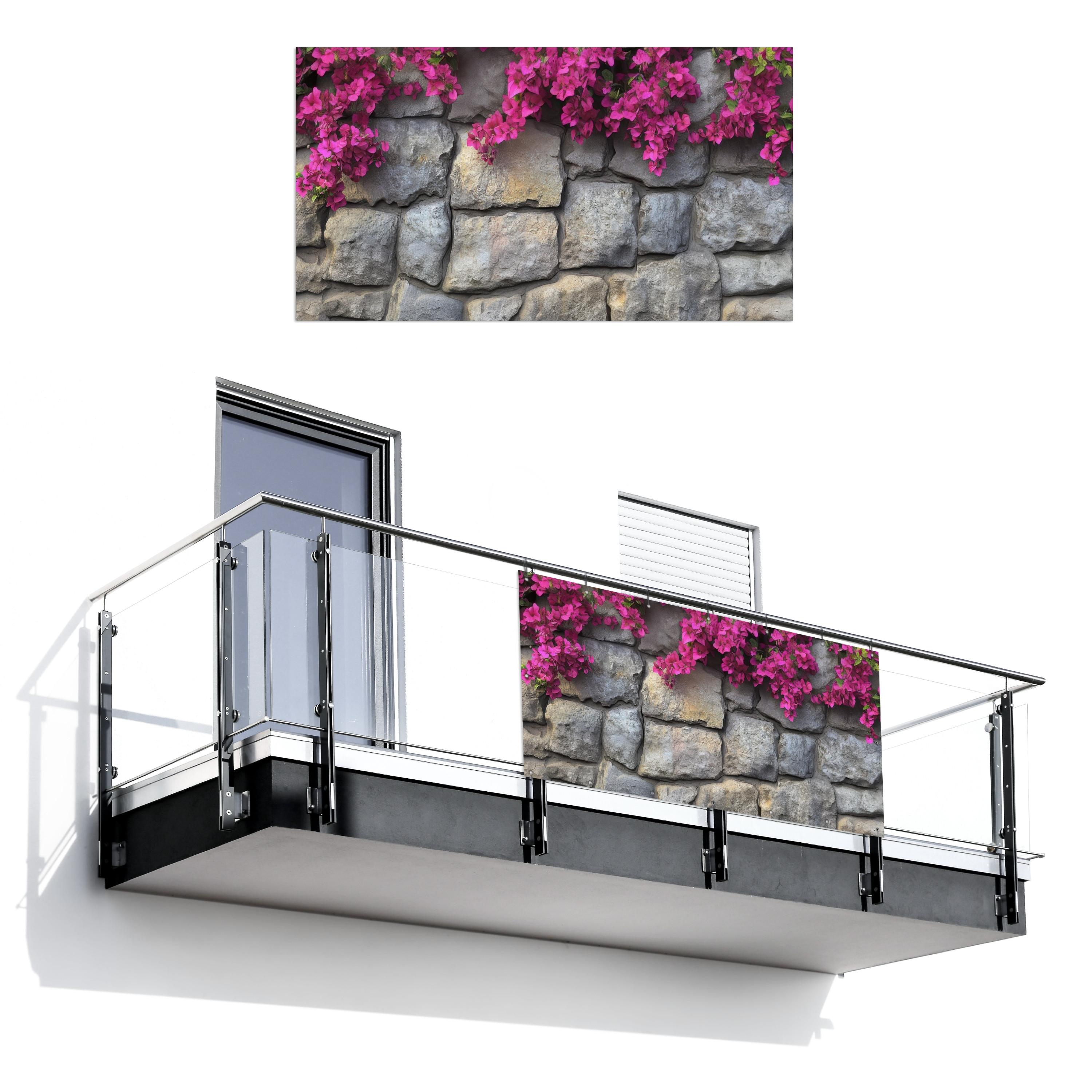 BALKON-SICHTSCHUTZ Bougainvillea - Steinmauer - Rosa Witterungsbeständig 200x110 cm - Magenta, Kunststoff (200/110cm) - MuchoWow