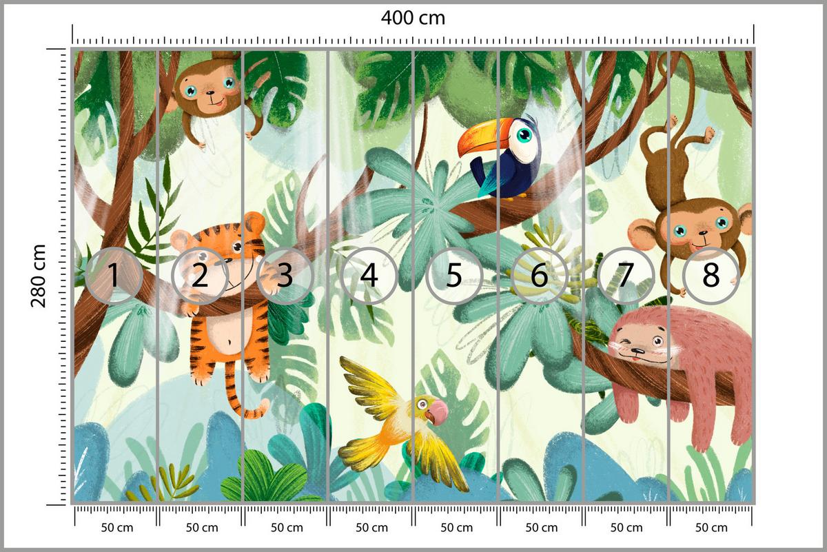 FOTOTAPETE für Kinderzimmer Süße Dschungeltiere Monstera Affen Tiger Vogel 400x280 - Gelb/Beige, Papier (400/280cm) - Muralo