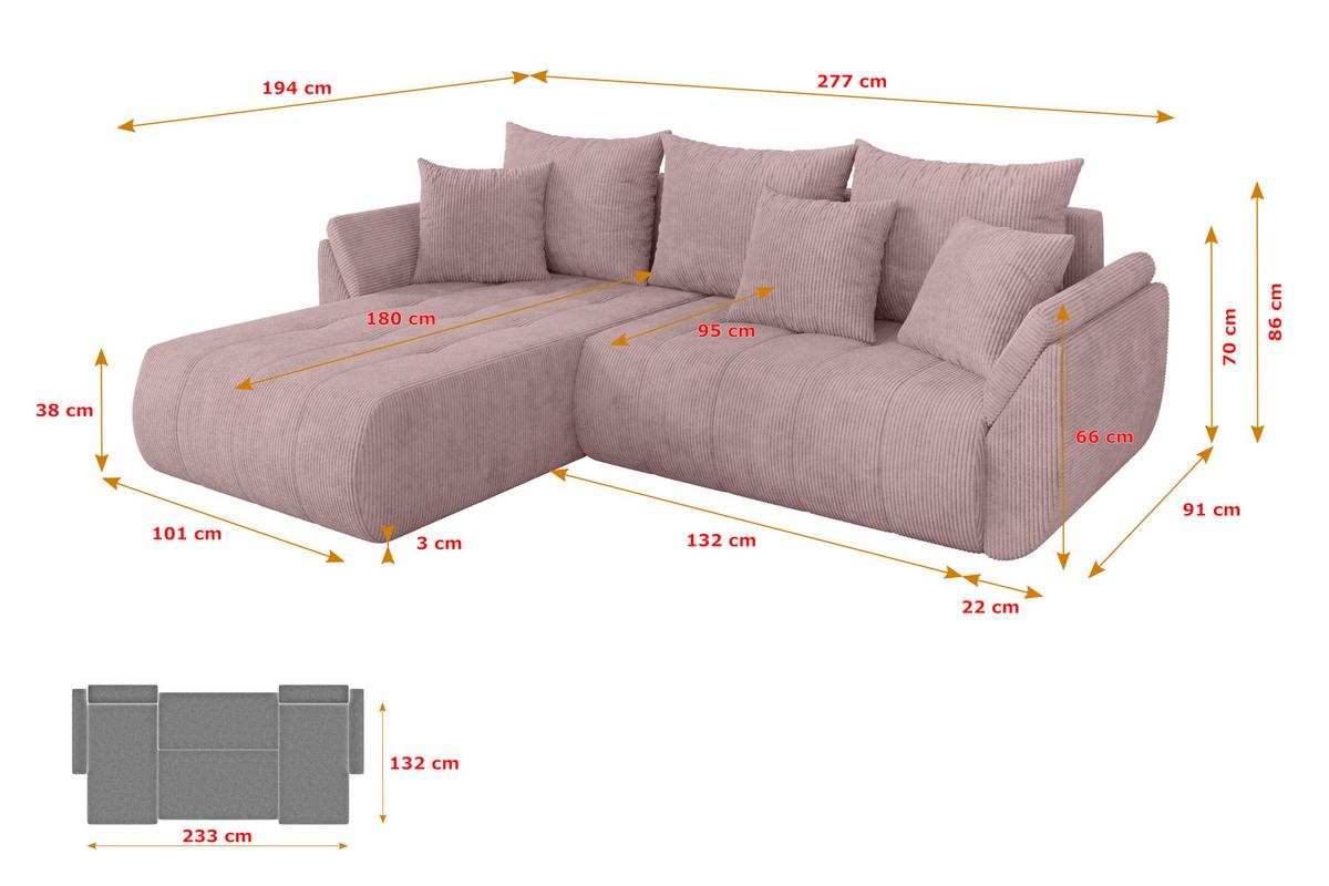 ECKSOFA mit Schlaffunktion Ottomane Links TOKO-L 277x194x86 Rosa Cord - Schwarz/Rosa, Holzwerkstoff/Kunststoff (277/194cm) - ALTDECOR