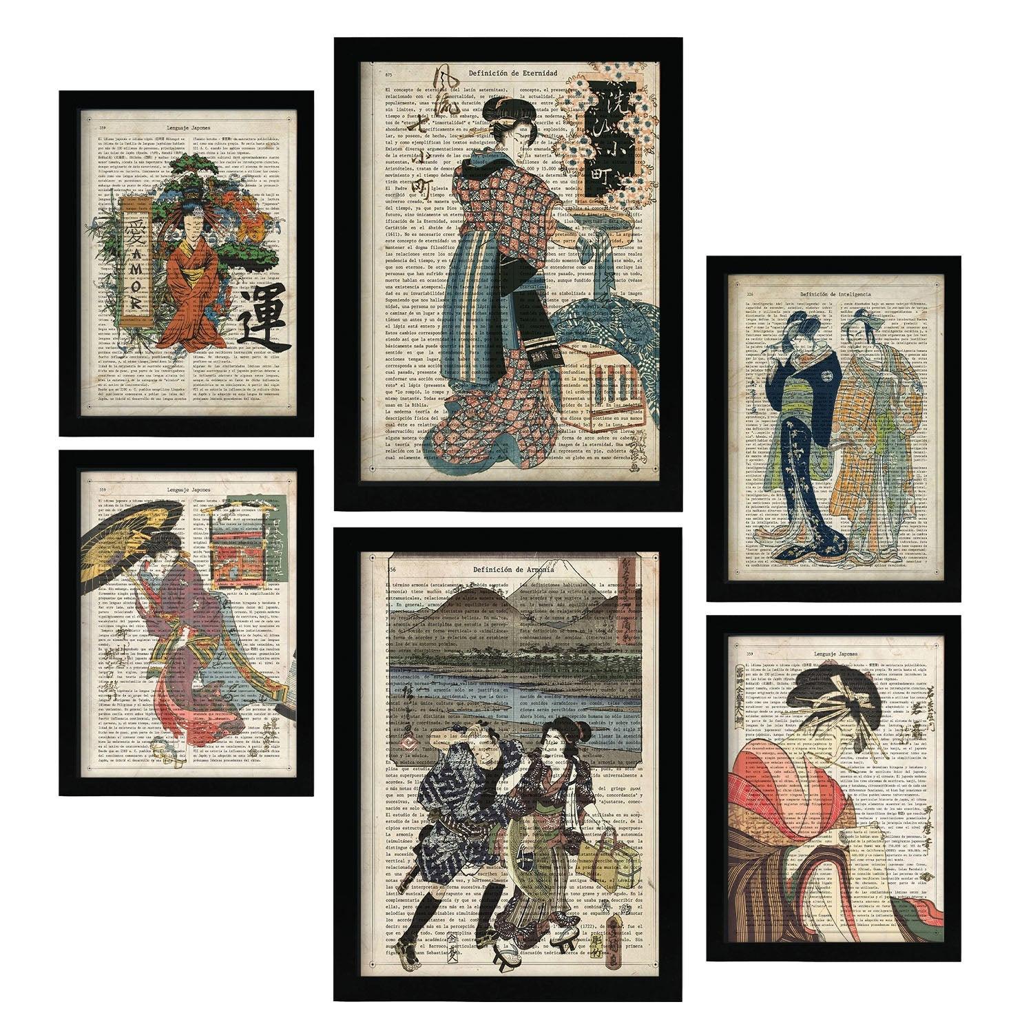 POSTER Set Mit 6 Japan Vintage Papier Stil Plakate Mit Enzyklopädie Hintergründen Ukiyo E Japanische Geishas Innenarchitektur A3 & A4 Schwarzer Rahmen - Schwarz, Papier (29/3cm) - Nacnic