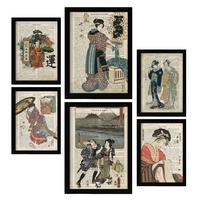 POSTER Set Mit 6 Japan Vintage Papier Stil Plakate Mit Enzyklopädie Hintergründen Ukiyo E Japanische Geishas Innenarchitektur A3 & A4 Schwarzer Rahmen - Schwarz, Papier (29/3cm) - Nacnic