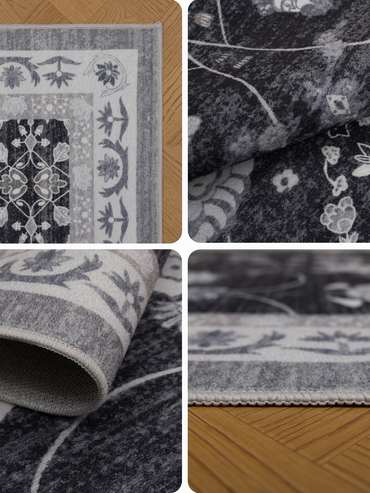TEPPICH Kurzflor, waschbar, mit floralen Ornamenten, VERNANTE in Schwarz-Creme-Grau, Ø 120 cm - Schwarz, Textil (120/120cm) - KADIMA DESIGN