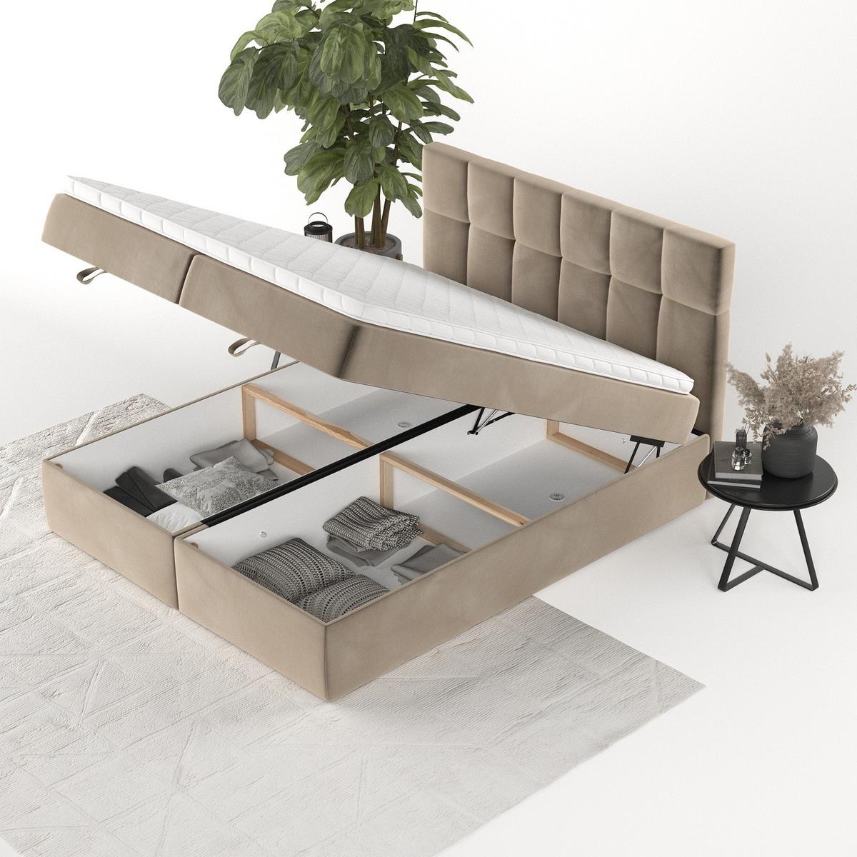 BOXBETT Savio 140/200 cm Taupe im Paros Stoff - Taupe/Schwarz, Holz/Holzwerkstoff (140/200cm) - AltaBeds