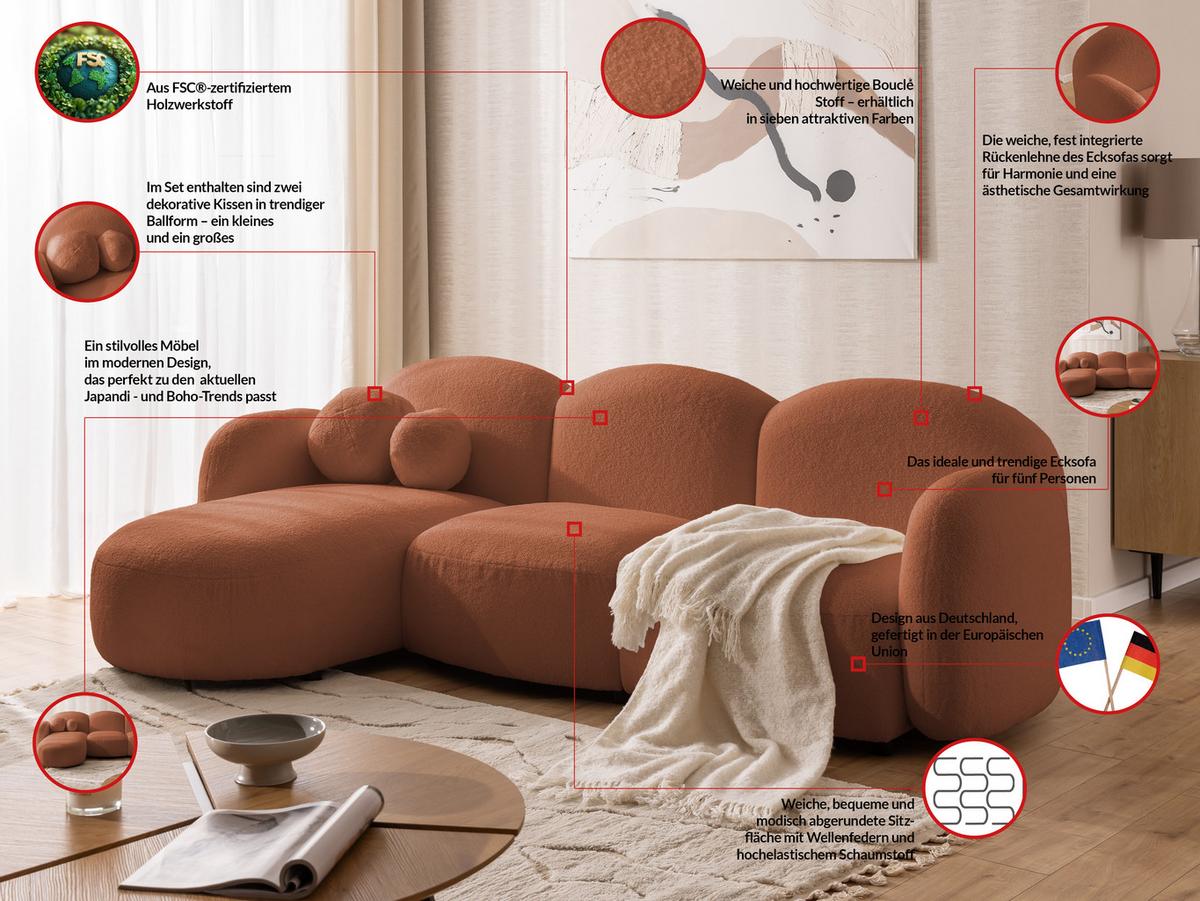 ECKSOFA Nuvola mit abgerundetem Design Terrakotta Bouclé-Stoff - Ottomane Links - Terracotta/Schwarz, Holz/Kunststoff (268/146cm) - S-Style Möbel