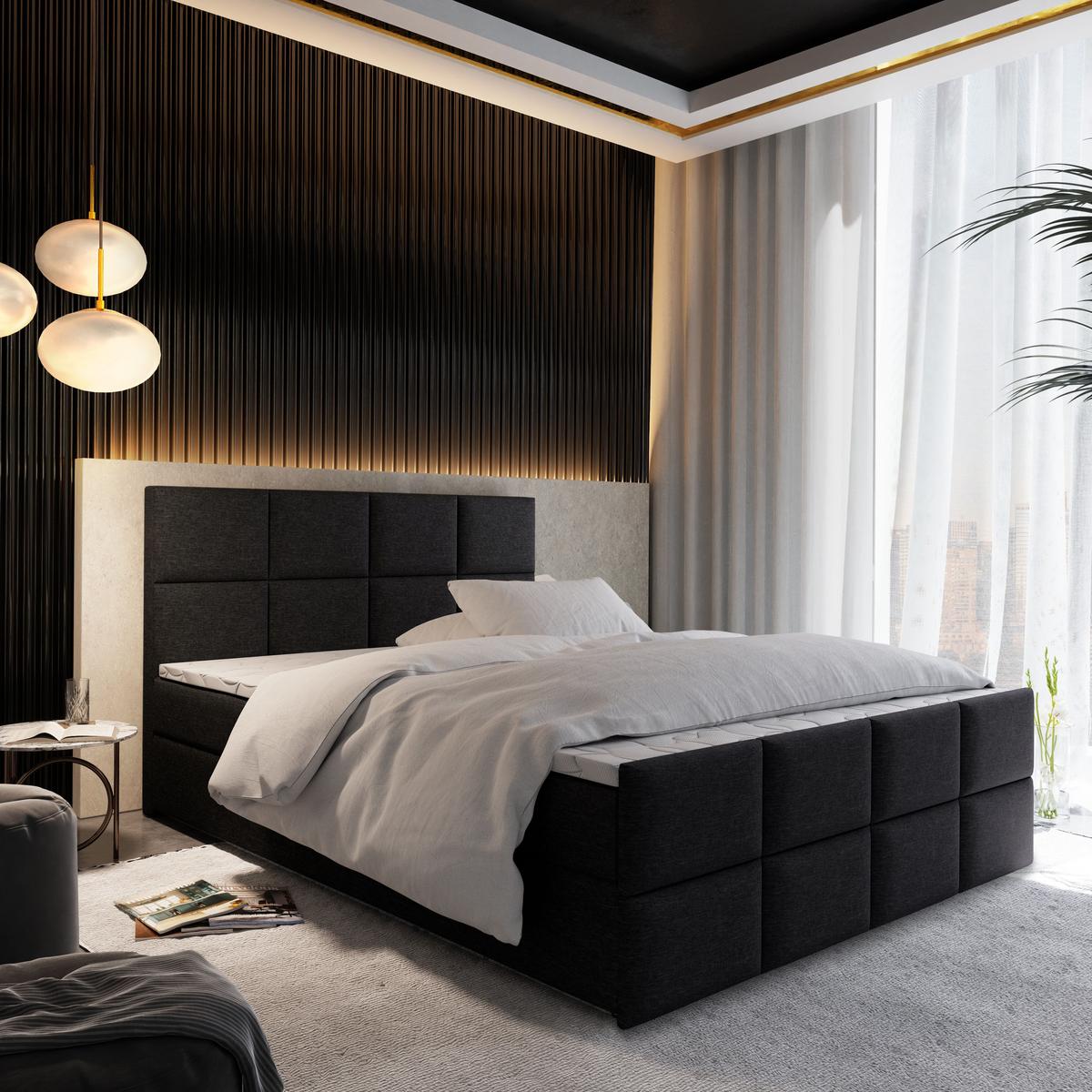 BOXBETT ARIEL 160x200 cm mit Matratze und Topper - Schwarz - Schwarz, Holz (160/200cm) - MASSENO