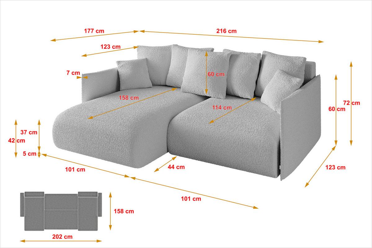 ECKSOFA Ottomane links ONESK-L 216x177x72 Hellgrau Bouclé - Hellgrau, Holzwerkstoff/Kunststoff (216/177cm) - ALTDECOR