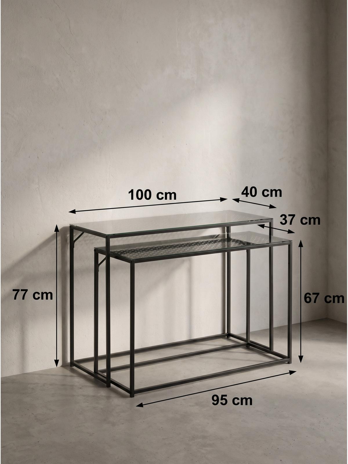 KONSOLENTISCHE 2er-Set ALCUDIA, Einscheibensicherheitsglas, Schwarz, 100 x 40 x 77 cm - Schwarz, Glas/Metall (40/100/77cm) - KADIMA DESIGN