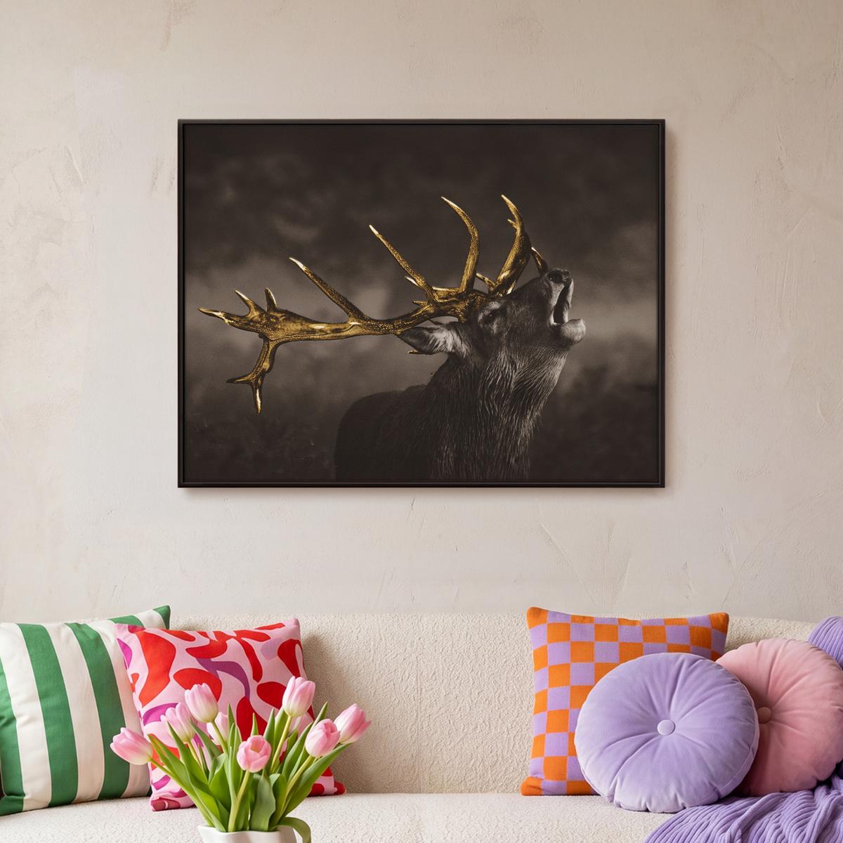 LEINWAND Bilder mit Rahmen - Rotwild - Schwarz - Gold - 80x60 - Braun, Textil (80/60cm) - MuchoWow