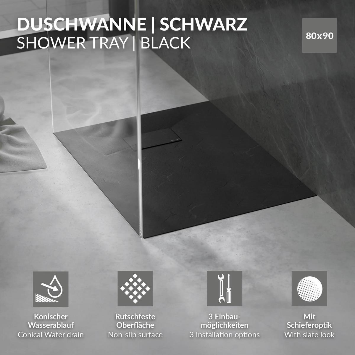 DUSCHWANNE 90x80 cm Schwarz mit Ablaufgarnitur aus SMC - Schwarz, Kunststoff (80/3/90cm) - LuxeBath