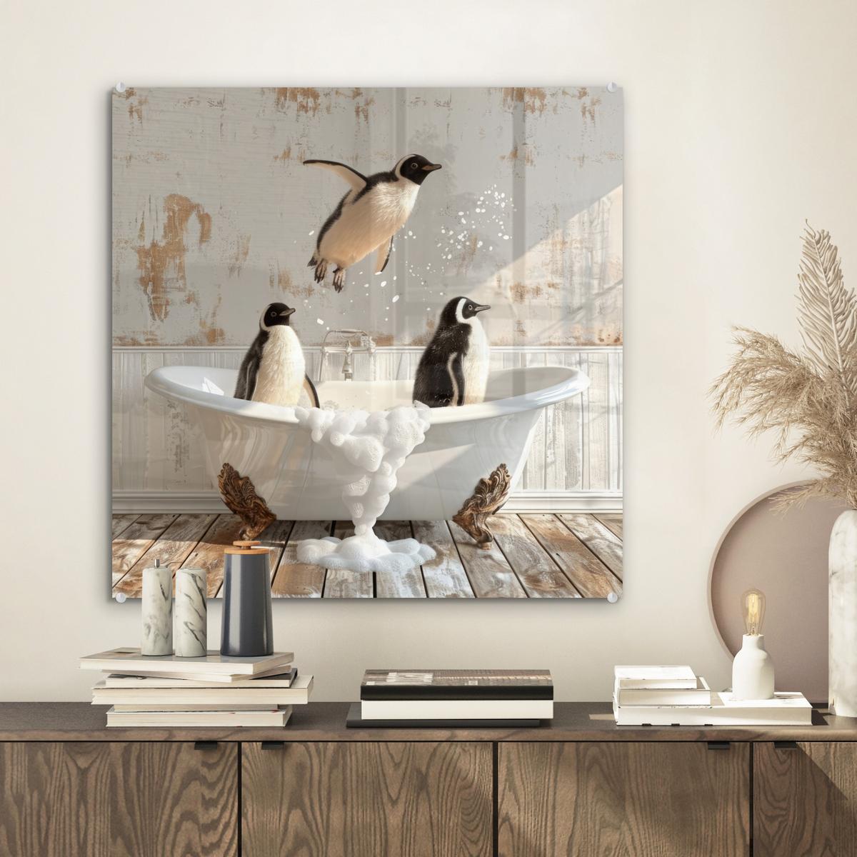 ACRYLGLASBILD Vintage - Pinguin - Badewanne - Schaumstoff 50x50 cm - Schwarz, Glas (50/50cm) - MuchoWow