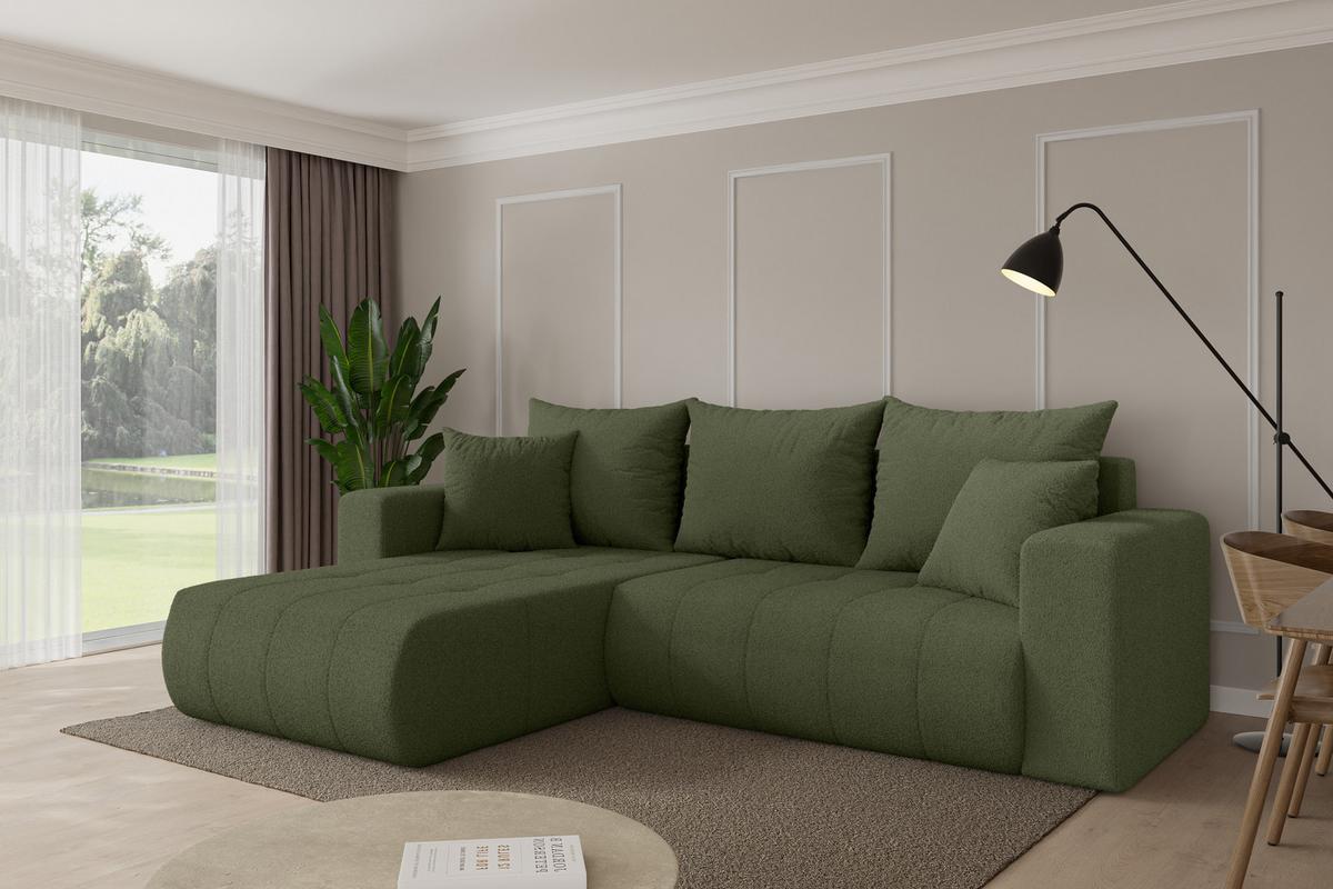 ECKSOFA mit Schlaffunktion Ottomane Links MILA-L 277x194x86 Grün Bouclé - Schwarz/Olivgrün, Holzwerkstoff/Kunststoff (277/194cm) - ALTDECOR