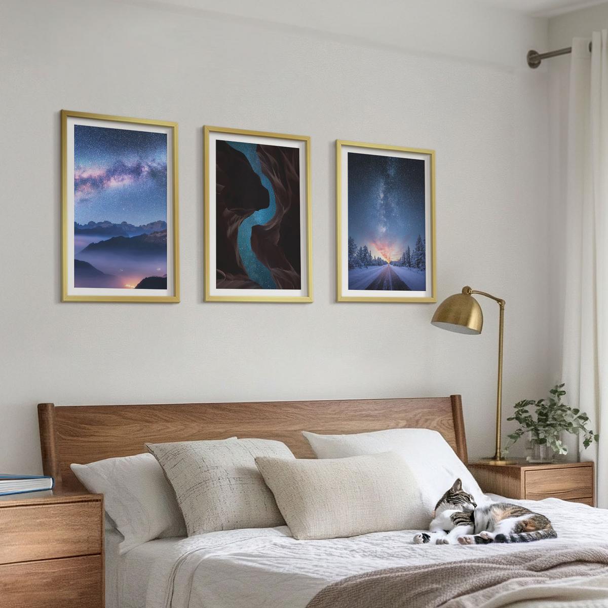 BILDER SET 3er Set - 40x60 cm Goldrahmen - Nachthimmel, Berge, Winterlandschaft - Goldfarben, Kunststoff (40/60cm) - TULUP