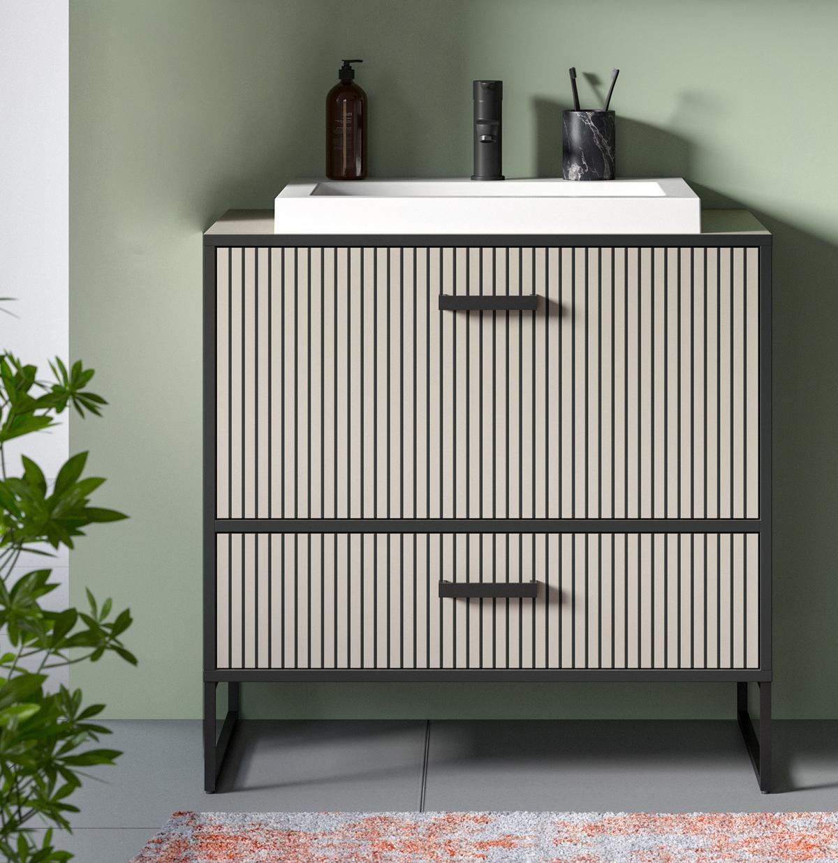 WASCHTISCHKOMBI Waschbeckenunterschrank mit Waschbecken, Sand Schwarz, Soft-Close - Sandfarben/Schwarz, Keramik/Holzwerkstoff (80/84/48cm) - Inn.Furn