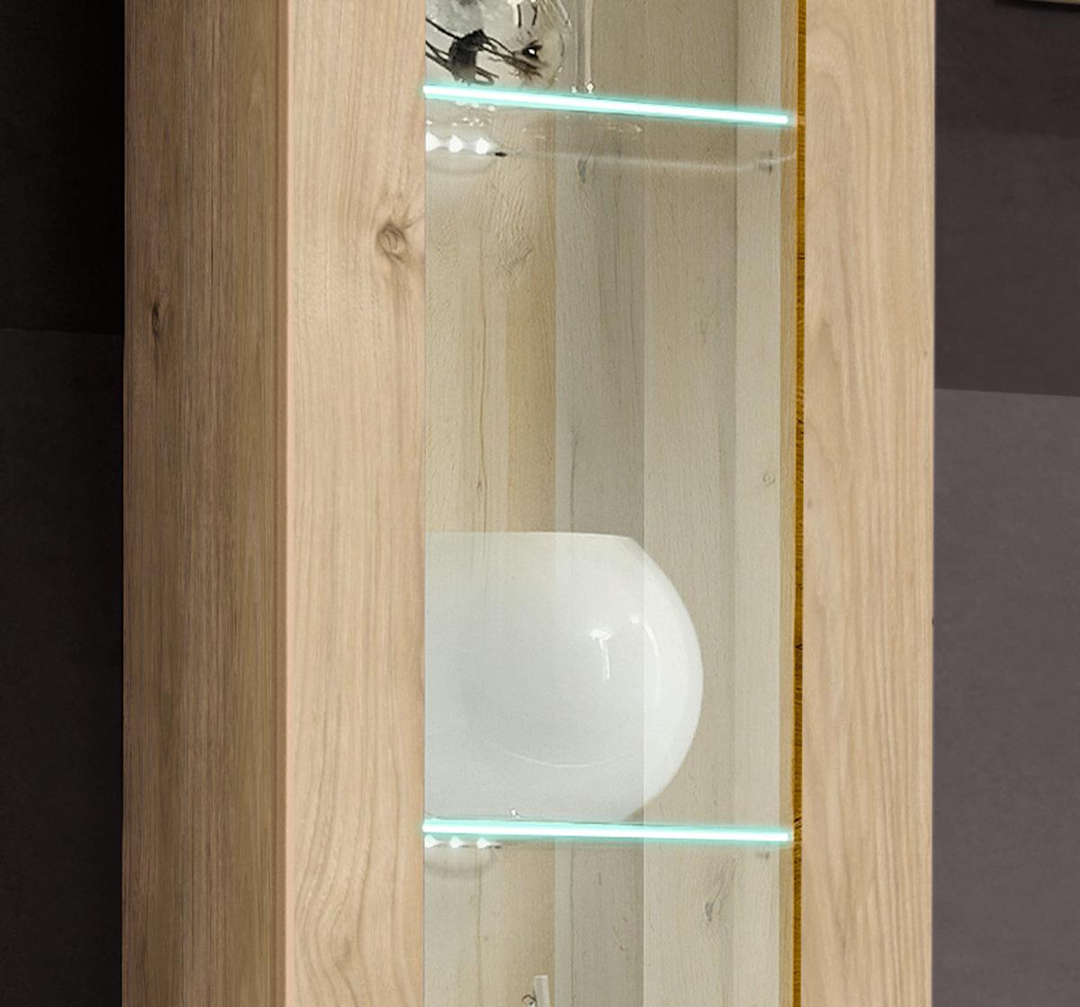 WOHNWAND Eiche Jackson 260 cm 5-teilig, Schrankwand hängend mit LED-Beleuchtung - Eichefarben, Glas/Holzwerkstoff (260/170/40cm) - Inn.Furn