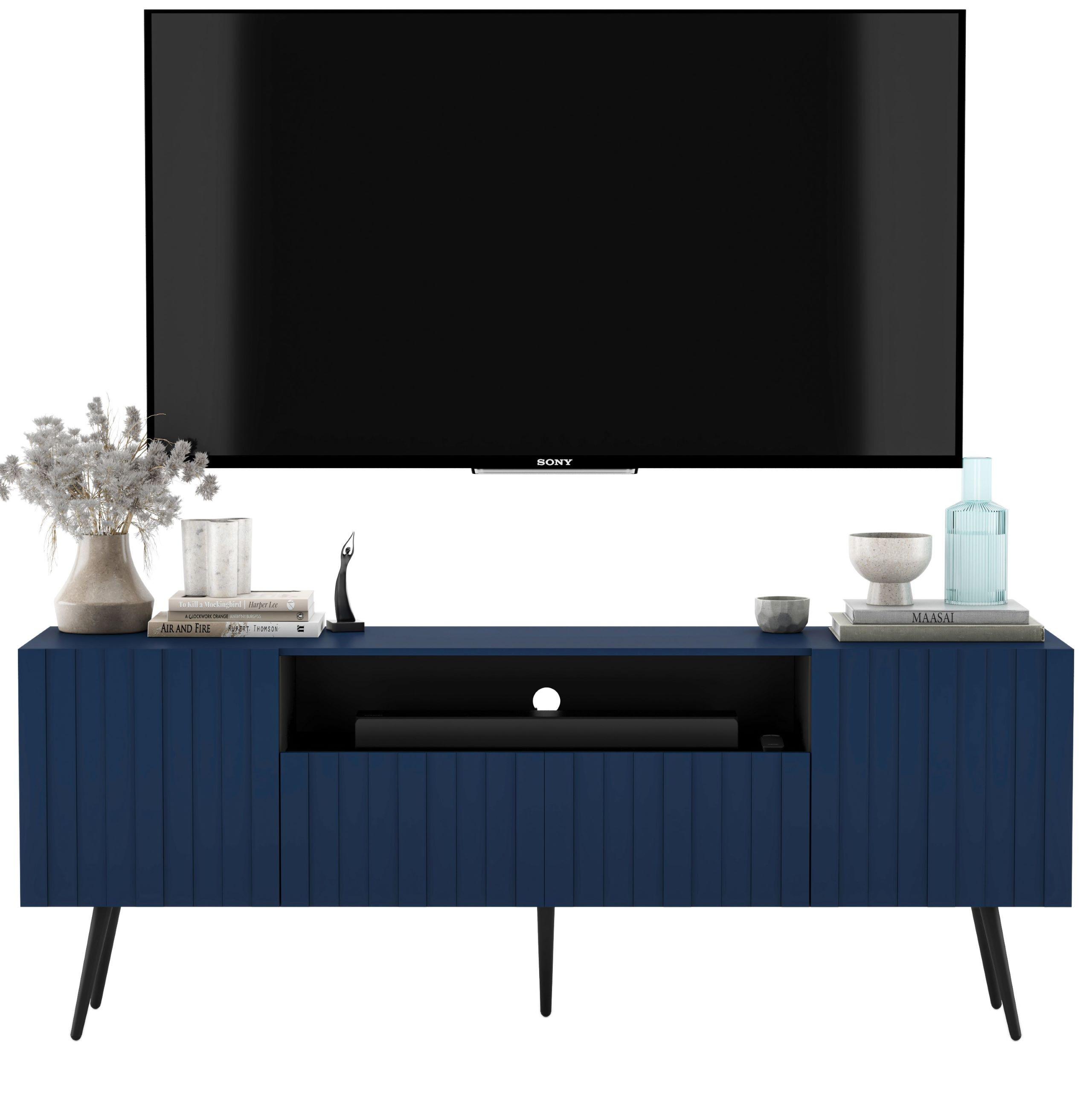 TV-SCHRANK Elpis Marineblau Matt mit Metallbeine Glamour 150 cm - Blau/Schwarz, Holzwerkstoff/Metall (150/60.5/36.5cm) - Meble Lindner