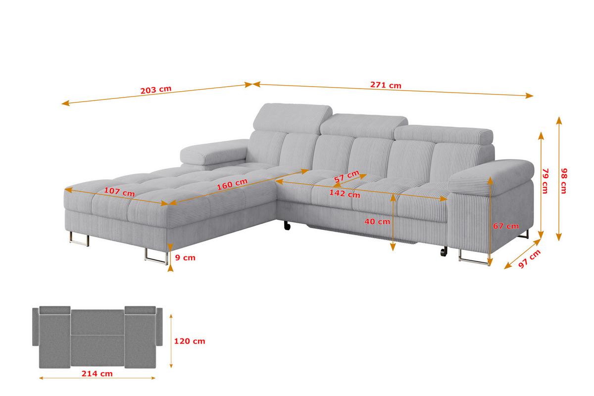 ECKSOFA mit Schlaffunktion Ottomane Links 271x203x79 Grau Cord - Anthrazit, Holzwerkstoff/Textil (271/203cm) - ALTDECOR