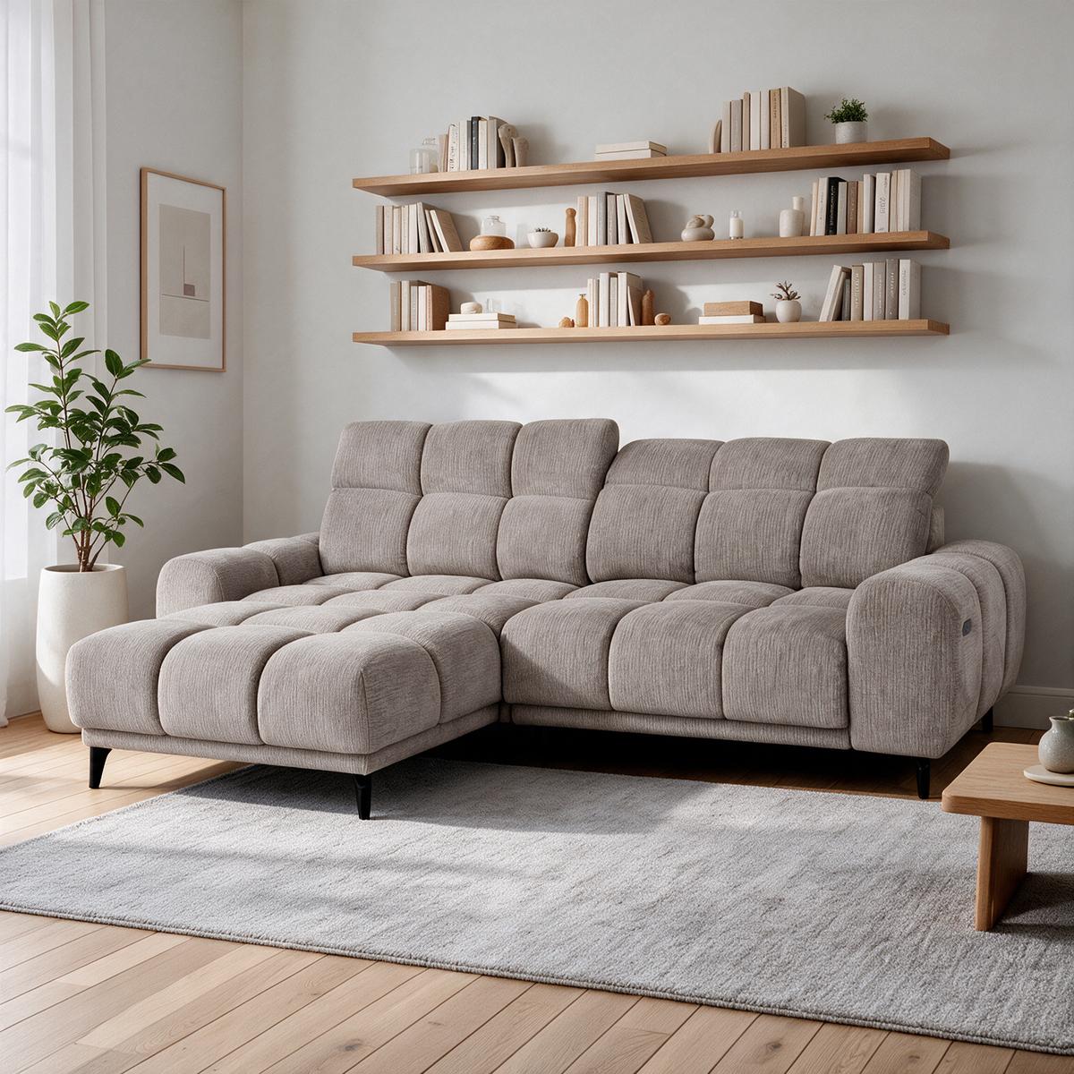 ECKSOFA Marco Mini mit elektrisch ausfahrbarem Sitz und verstellbaren Kopfstützen, Links, Chenille-Stoff, Hellbraun - Hellbraun/Schwarz, Textil (275/182cm) - Beautysofa