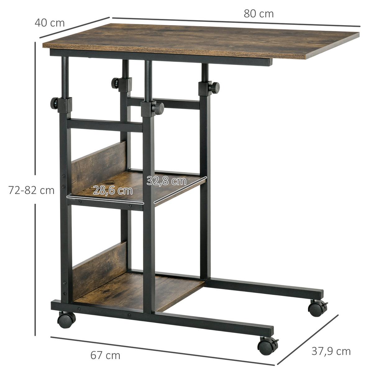 BEISTELLTISCH Couchtisch mit Rollen höhenverstellbar 2 untere Regale Esszimmer - Braun, Kunststoff (80/40/82cm) - HOMCOM
