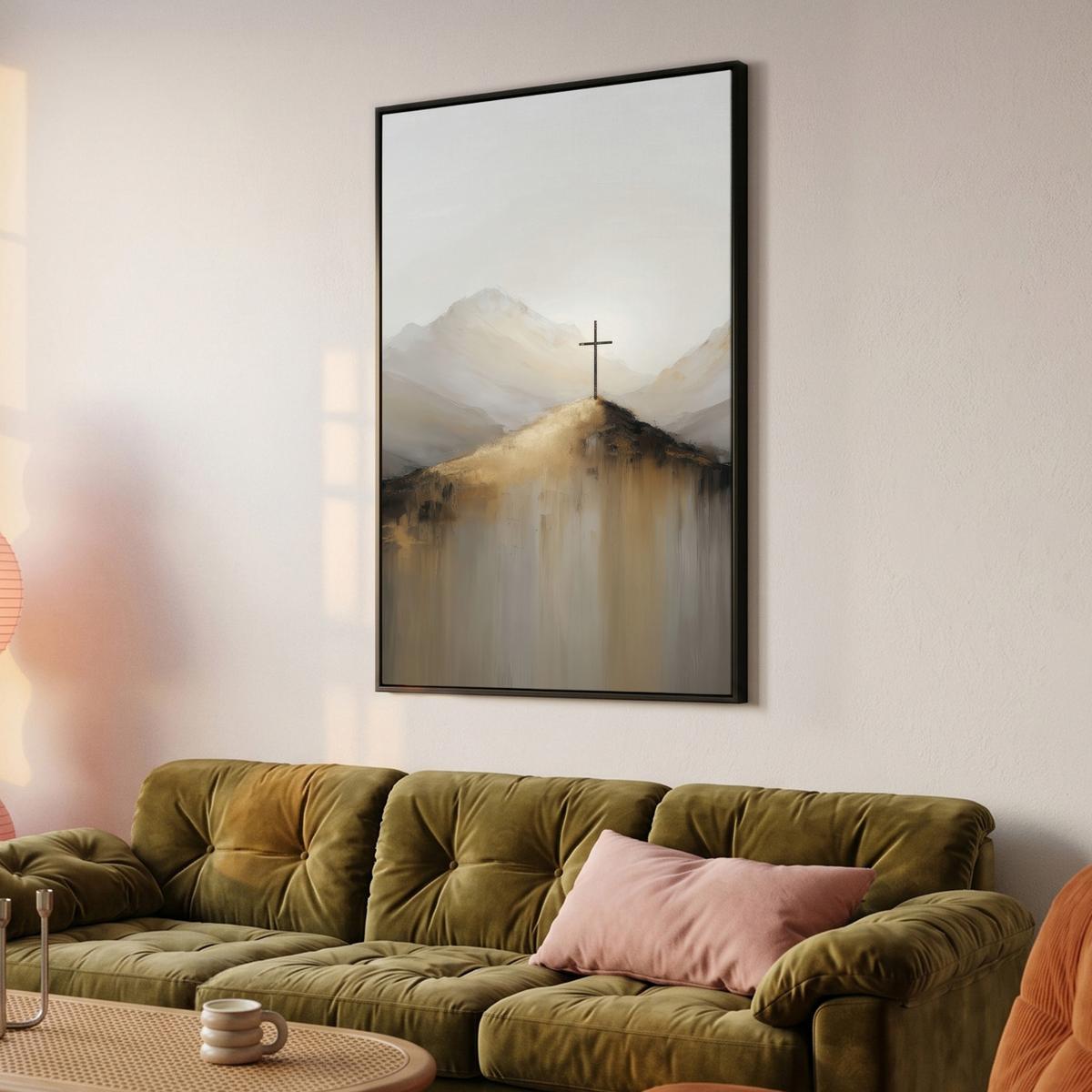 LEINWAND Bilder mit Rahmen - Hügel - Abstrakt - Kreuz - Christentum - 80x120 - Beige, Textil (80/120cm) - MuchoWow