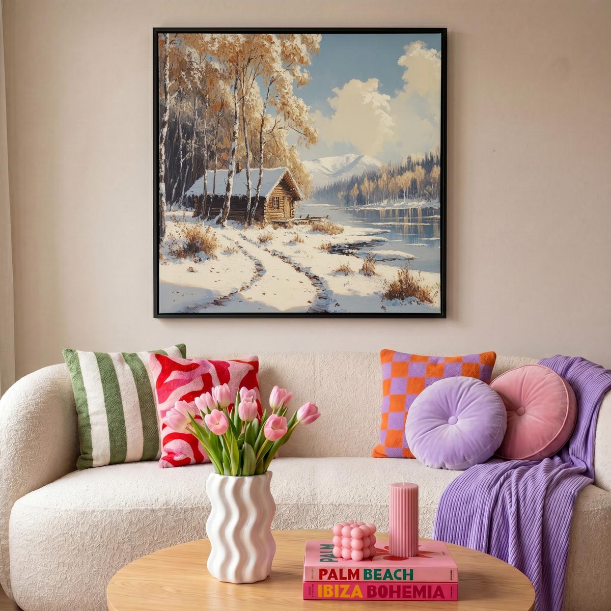 LEINWAND Bilder mit Rahmen - Winter - Schnee - Zuhause - Natur - 90x90 - Hellbraun, Textil (90/90cm) - MuchoWow