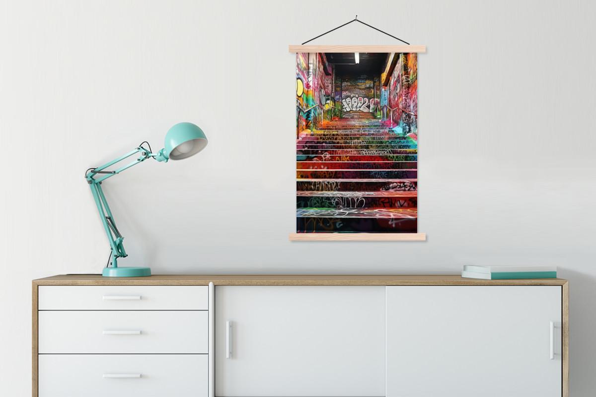 POSTER MIT MAGNETLEISTEN Treppe - Graffiti - Farben - Kunst Wandbild Schlafzimmer 60x90 cm - Multicolor, Textil (60/90/0.15cm) - MuchoWow