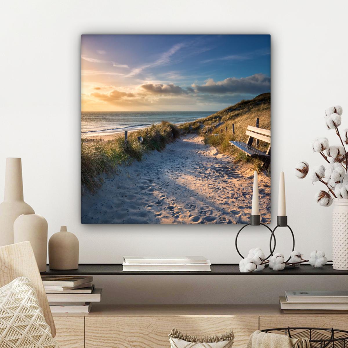 LEINWANDBILD Sonnenuntergang - Strand - Düne - Gras - Ufer Wandbild Wohnzimmer 50x50 cm - Sandfarben, Textil (50/50cm) - MuchoWow