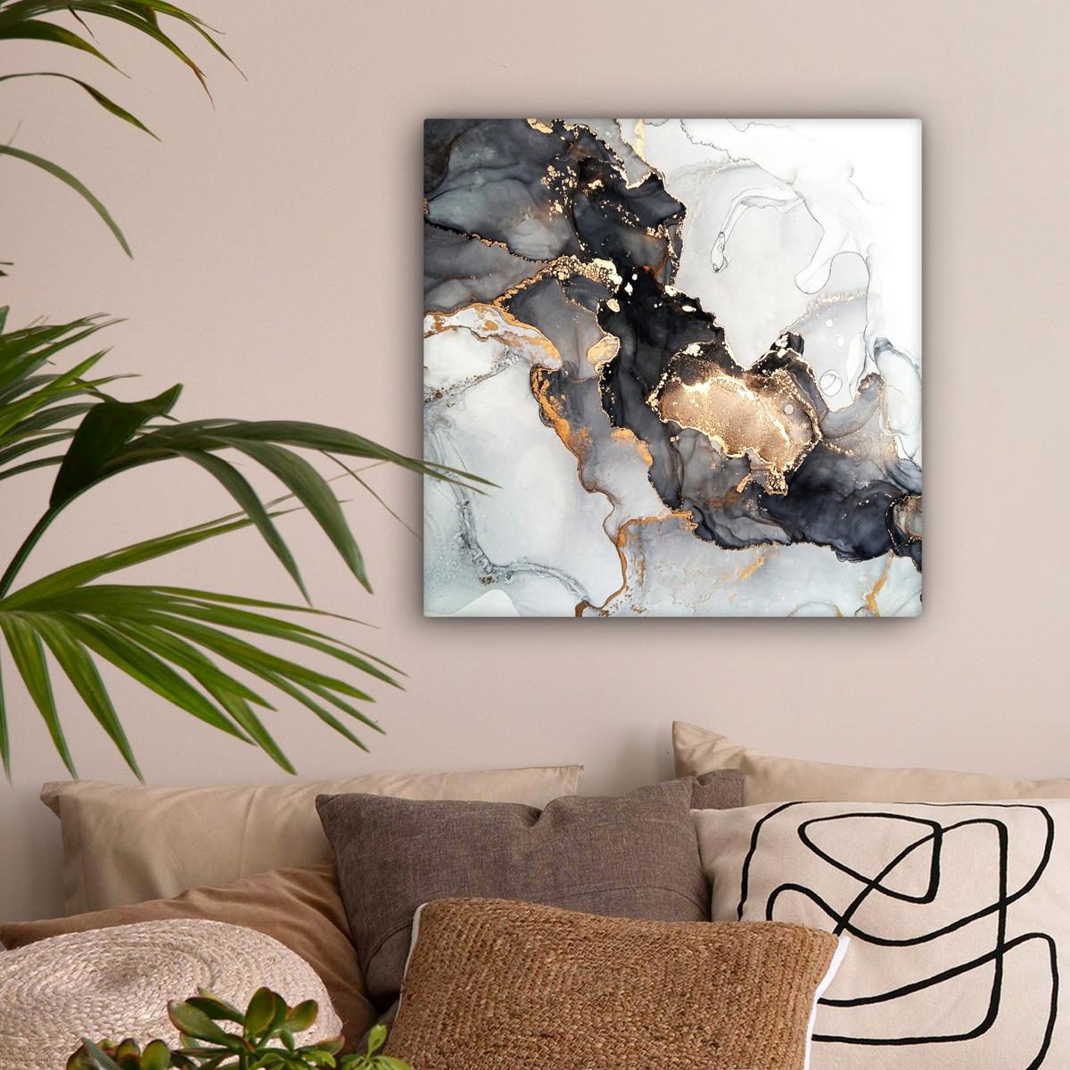 LEINWANDBILD Marmor - Schwarz - Weiß - Gold - Luxus - Abstrakt Wandbild Wohnzimmer 50x50 cm - Goldfarben, Textil (50/50cm) - MuchoWow