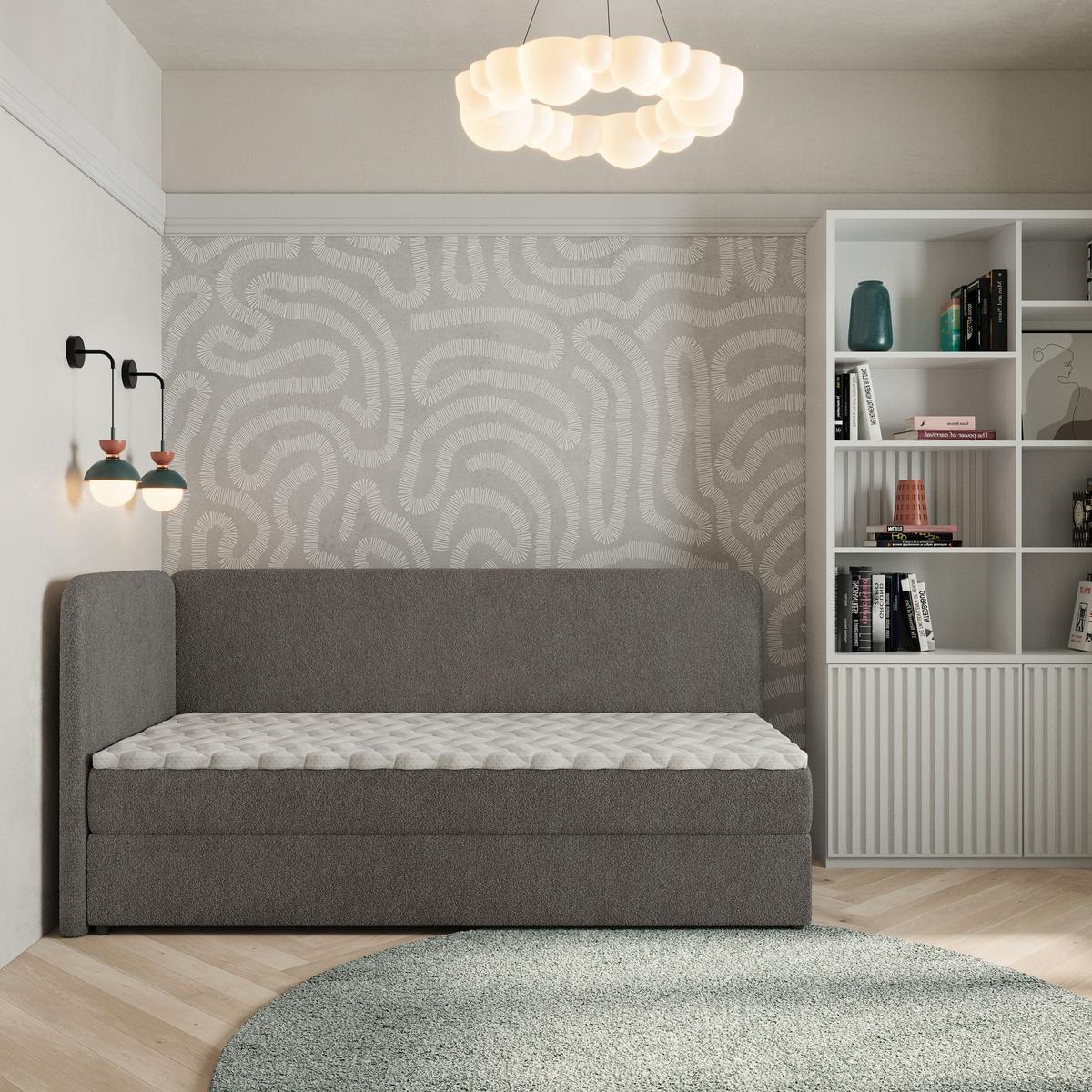 BOXBETT GINA 90x200 cm mit Matratze und Topper, H2+H3 - Grau - Grau, Holz (90/200cm) - MASSENO