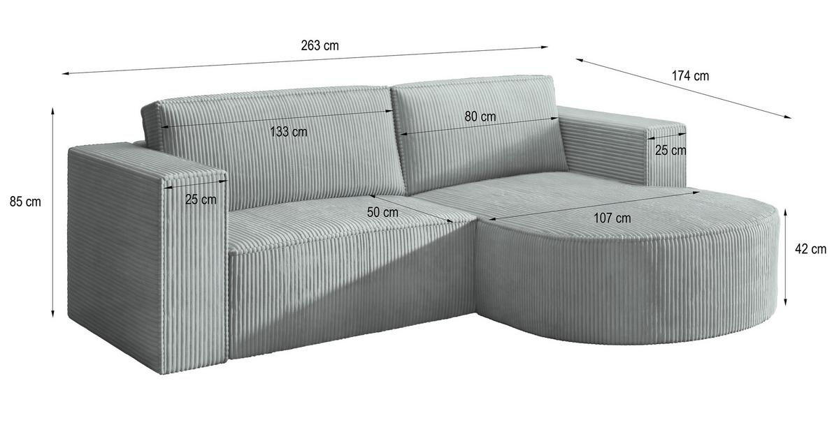 ECKSOFA SORELA P L-S Blau Kordstoff mit Schlaffunktion - Blau, Holz (263/174cm) - MASSENO