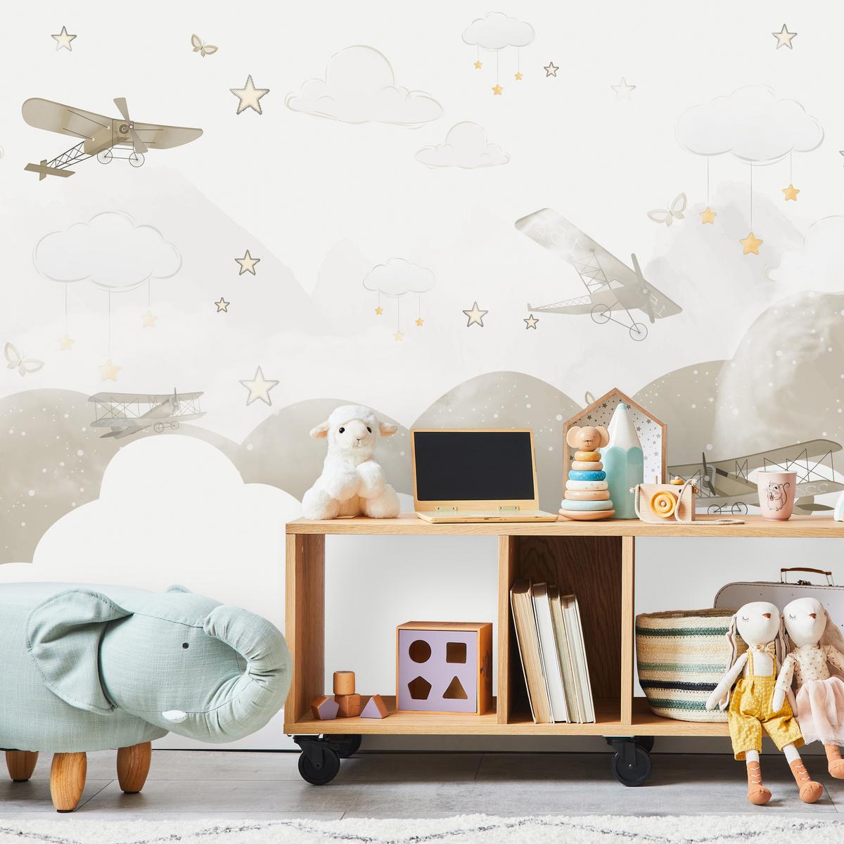 FOTOTAPETE für Kinderzimmer Flugzeuge Wolken Sterne Himmel 150x105 - Gelb/Beige, Papier (150/105cm) - Muralo