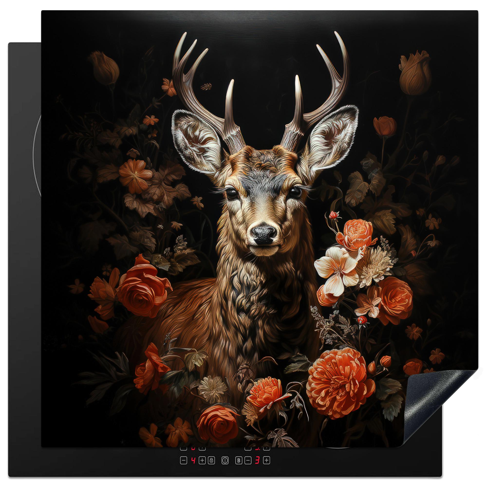 HERDABDECKPLATTE Hirsch - Tier - Blumen - Natur - Botanisch Induktionsmatte 78x78 cm - Kupferfarben, Kunststoff (78/78/0.2cm) - MuchoWow