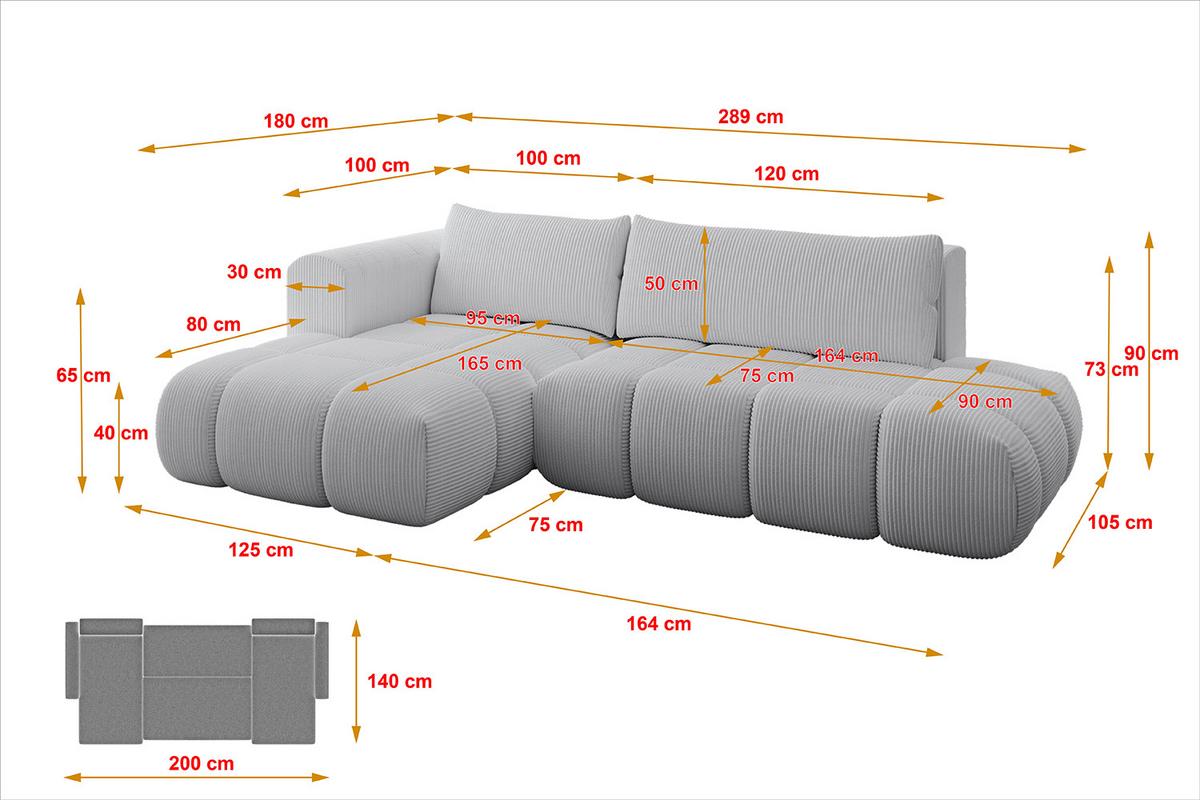 ECKSOFA Ottomane Links CLOUD-L 280x185x90 Grau Cord - Grau, Holzwerkstoff/Kunststoff (180/289cm) - ALTDECOR