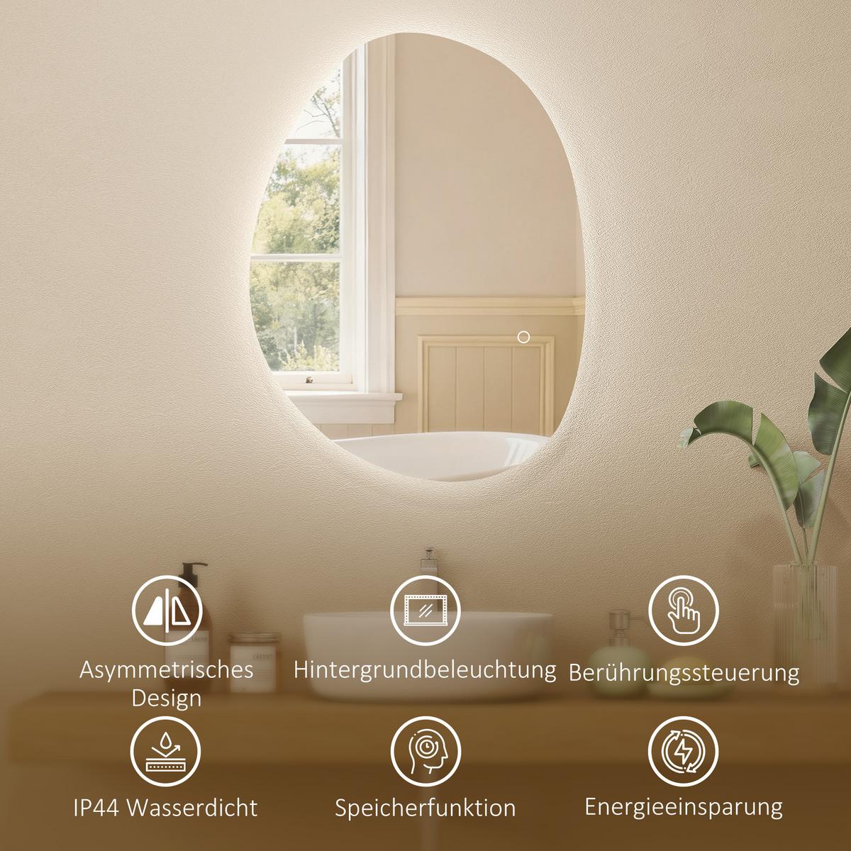 70 x 50 cm Asymmetrischer Badspiegel mit LED-Licht, Anti-Beschlag-Funktion - Silberfarben, Glas (50/70/5cm) - HOMCOM