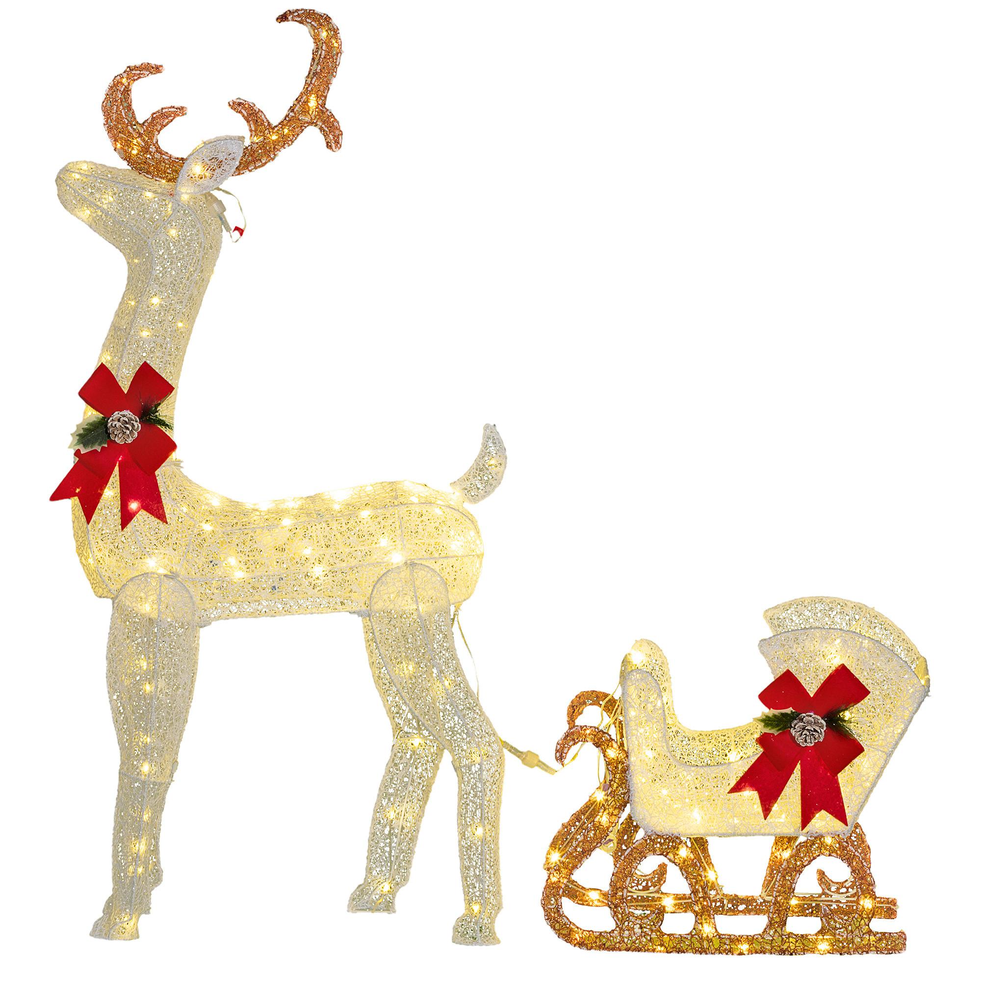 LED Rentier und Schlitten Weihnachtsdeko mit 170 Lichtern für Indoor, Outdoor - Weiß, Metall (29/42/50cm) - Outsunny