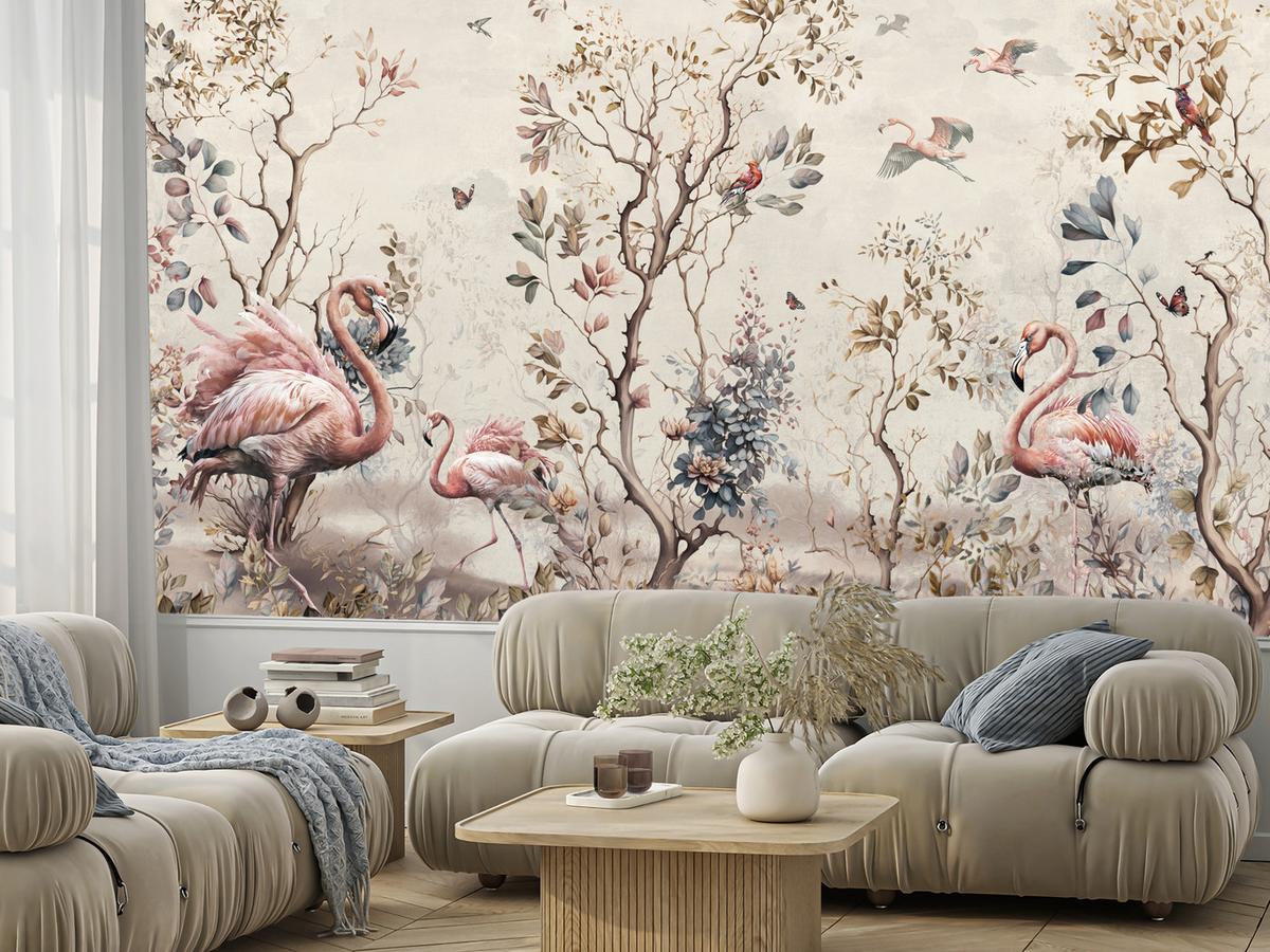 FOTOTAPETE für Wohnzimmer Wunderschöne Flamingos Natur Schmetterlinge 100x70 - Multicolor, Papier (100/70cm) - Muralo