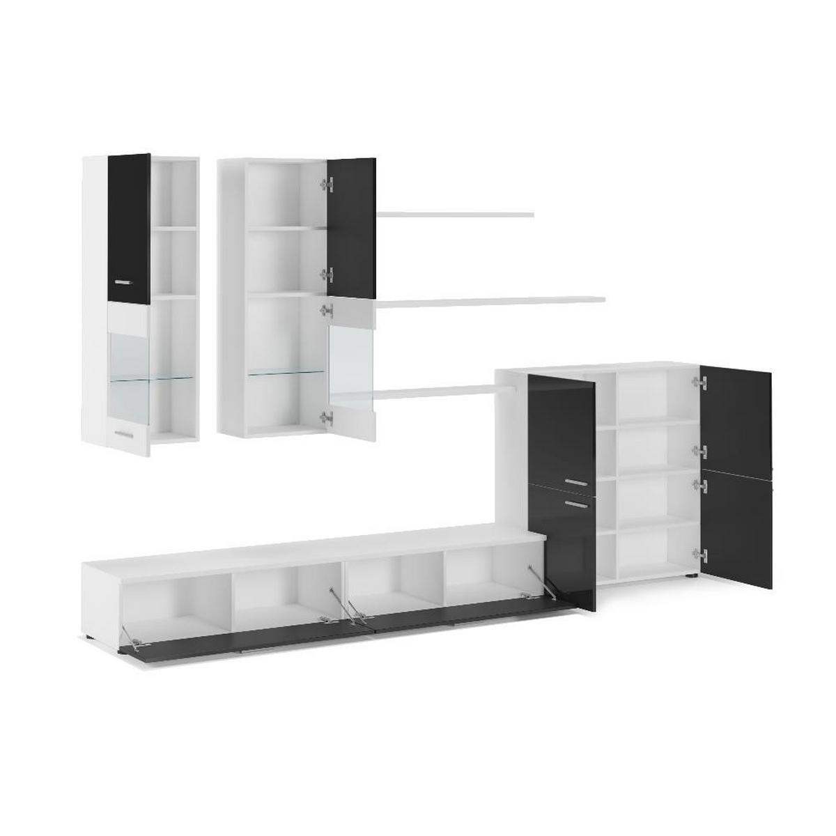 WOHNWAND mit LEDs, weiß, schwarz lackiert, 300/42/189cm - Weiß Hochglanz/Schwarz, Holzwerkstoff/Kunststoff (300/189/42cm) - Skraut Home