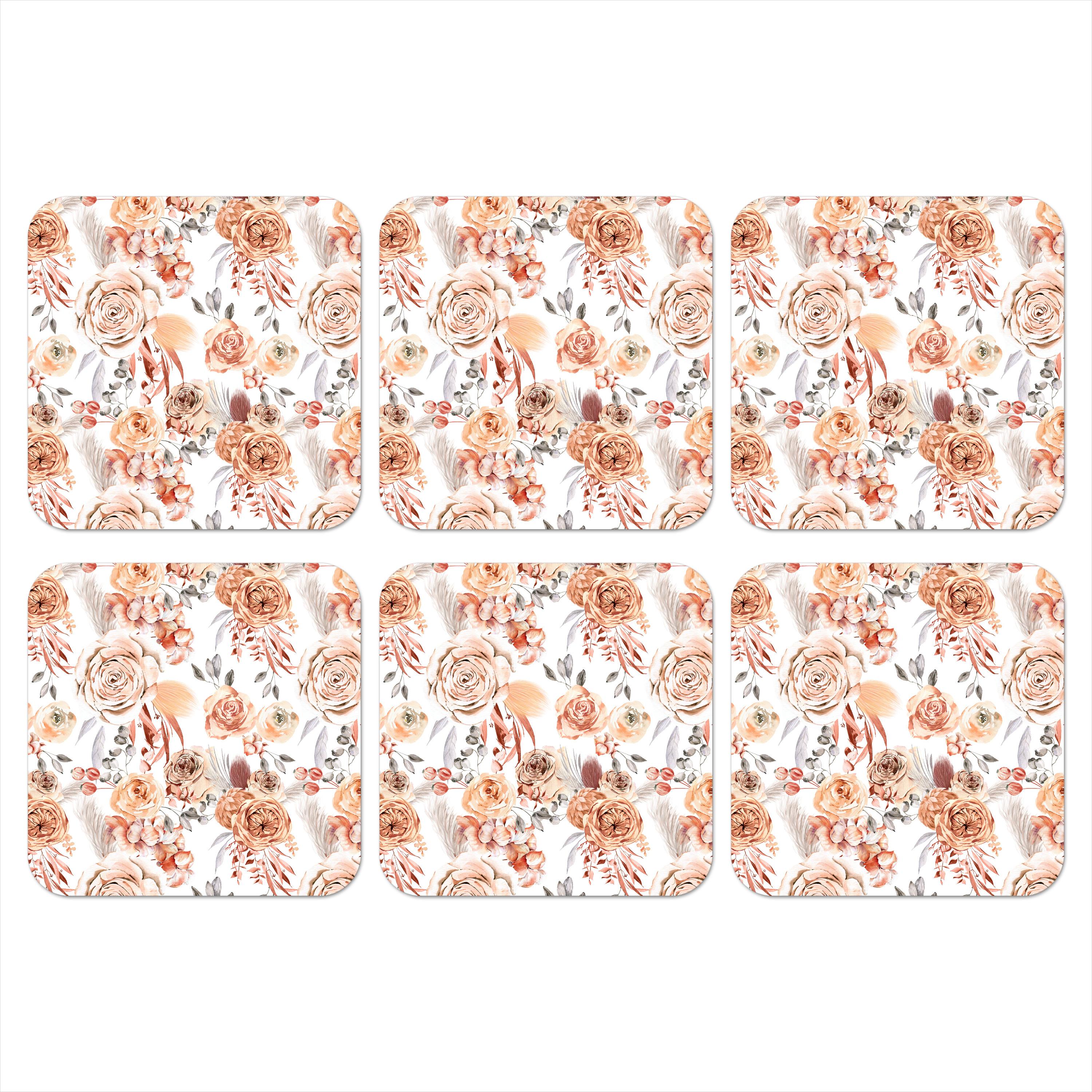 GLASUNTERSETZER 6er-Set Blumen - Bohème - Muster Telleruntersetzer 10x10 cm - Altrosa, Naturmaterialien (10/0.2cm) - MuchoWow