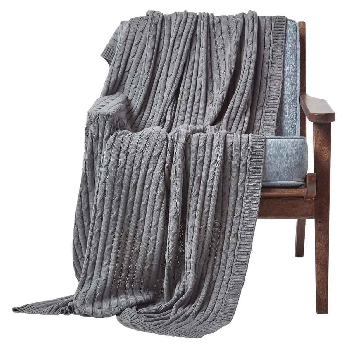 STRICKDECKE 130/170 cm, Baumwolle mit Zopfmuster - Grau, Textil (130/170cm) - Homescapes