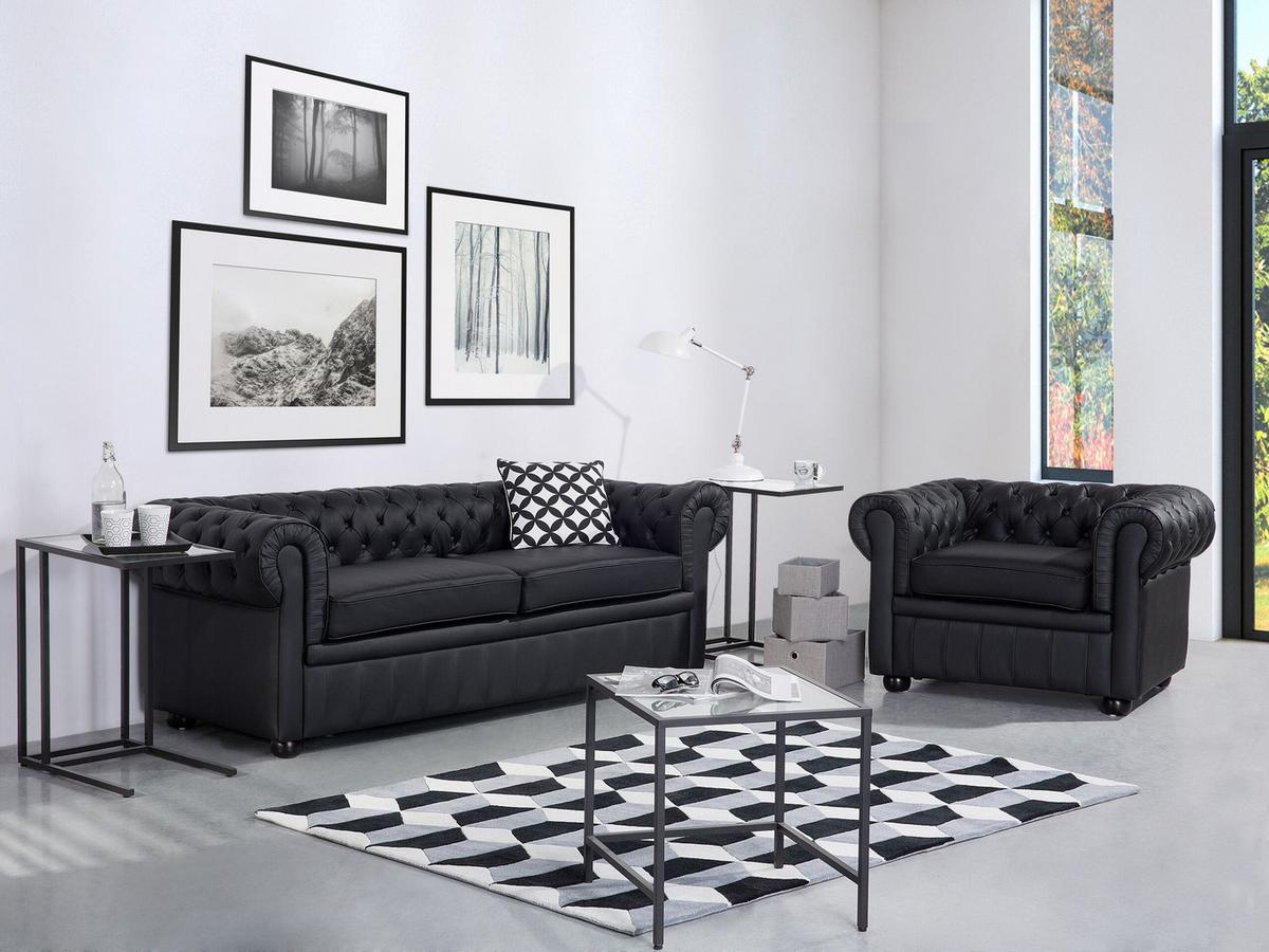 SOFA-SET 4-Sitzer Echtleder Schwarz Chesterfield - Schwarz/Braun, Fell (195/70/90cm) - Beliani