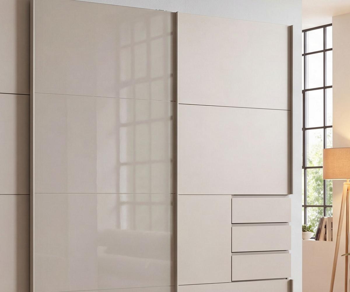 SCHWEBETÜRENSCHRANK 3-türig B270/H208/64 cm, Beige Grau, Mitteltür Glas, Kleiderschrank mit Schubladen & Vollausstattung, / 22616 - Beige, Holzwerkstoff/Metall (270/208/64cm) - luma-home