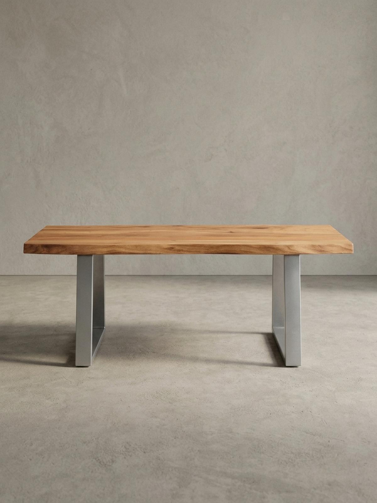 COUCHTISCH aus Akazie Massivholz mit Metall-Trapezbeinen und Baumkante im Design-Stil, Akazie-Silber 120x60x46 cm - Silberfarben/Akaziefarben, Holz/Metall (60/120/46cm) - KADIMA DESIGN
