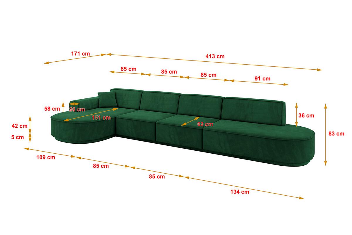 ECKSOFA Ottomane Links MARI-L3-v3 - 413x171x83 cm Dunkelgrün Velours - Dunkelgrün/Schwarz, Holzwerkstoff/Kunststoff (413/171cm) - ALTDECOR