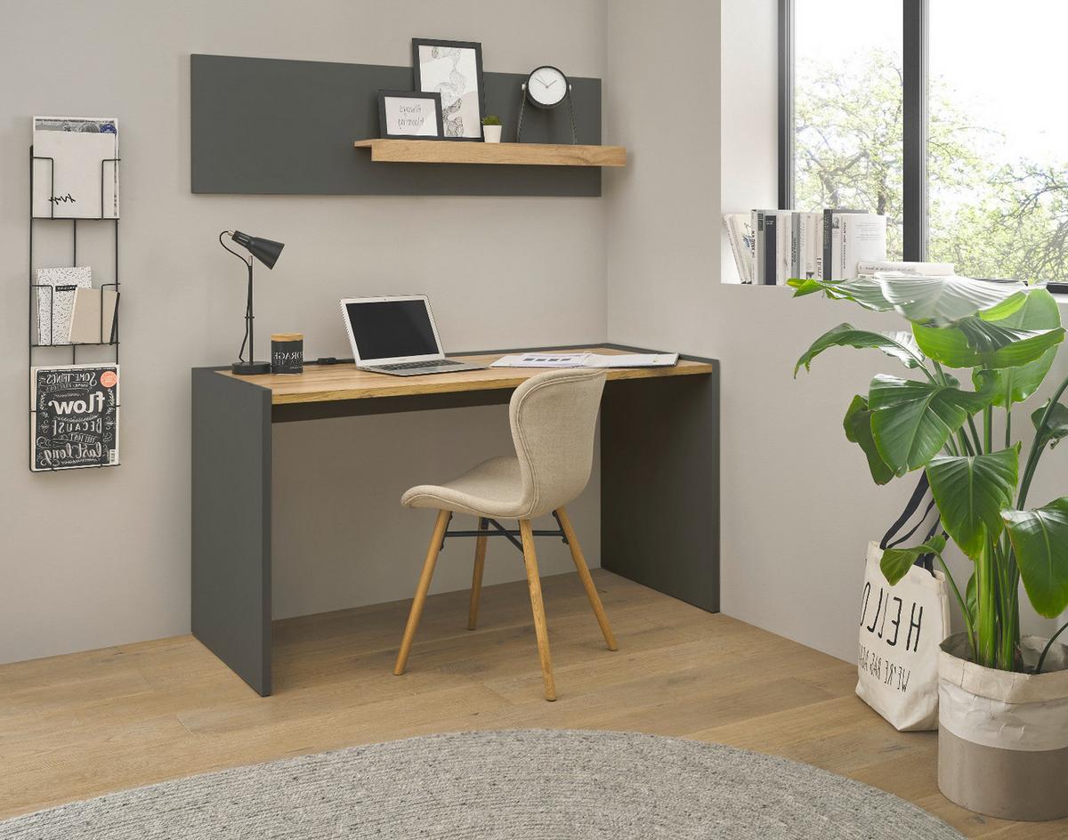 SCHREIBTISCHKOMBINATION 2-teilig grau matt, Eiche Wotan 143 cm, Büromöbel Set mit Wandregal - Eiche Wotan/Schwarz, Holzwerkstoff/Kunststoff (143/62/180cm) - Furn.Design