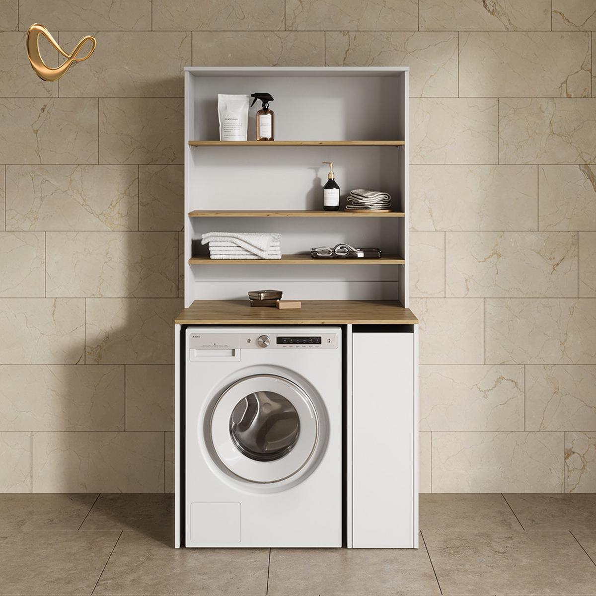 WASCHMASCHINENSCHRANK Paolina Weiß/Artisan 93.6 x 88.2 cm 2 Teile mit Schrank und Regal - Weiß/Eiche Artisan, Holzwerkstoff (93.6/88.2/60cm) - Livinity®